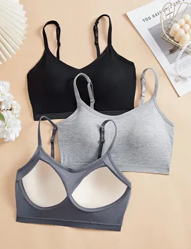 Set de 3 tops de camiseta sin costuras acolchados y con tirantes ajustables de unicolor para mujer, adecuados para deportes y dormir - Shein - FashionsVida