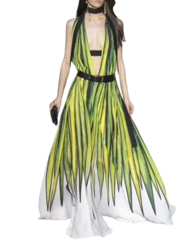 RUNWAY Green Patterned Deep Plunge Gown - Elie Saab - FashionsVida