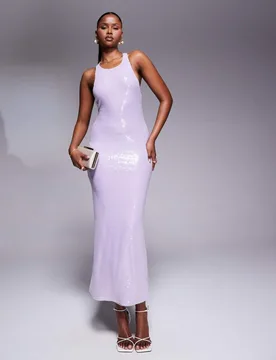 Womens Sequin Racerneck Cross Back Maxi Dress In Lilac - Size 12 Uk - Rare London - FashionsVida