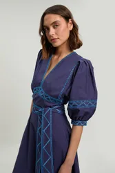 Embroidered Detail Belted Midi Dress - Navy - Size: 8
