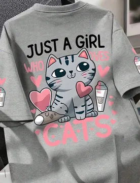 Camiseta de manga corta con cuello redondo y estampado de gato y corazón de dibujos animados para adolescentes, top casual y suave para el verano - Shein - FashionsVida
