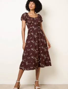 Women's Shirred Waist Brown Short Sleeve Slip On Square Midi Dress Size: Small - Brown - Size: S - Blue Vanilla - FashionsVida