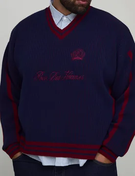 Men's Plus Oversized Knitted Embroidered V Neck Football Top Navy Size 2X-Large Navy 2XL - boohooMAN - FashionsVida