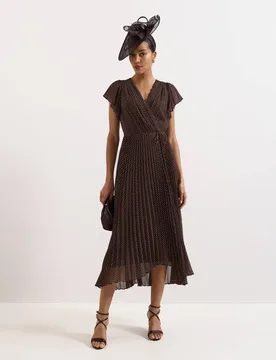 Polka Dot V-Neck Midi Skater Dress Brown Mix female - Phase Eight - FashionsVida