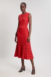Womens Knit Stitch Detail Sleeveless Midi Dress - Red Viscose - Size Medium