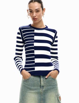 Pull à rayures côtelées, , Blanc, XS