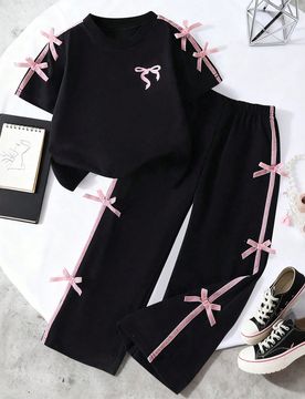 Conjunto de top de manga corta con cuello redondo y estampado de lazo y pantalones para niña preadolescente, transpirable