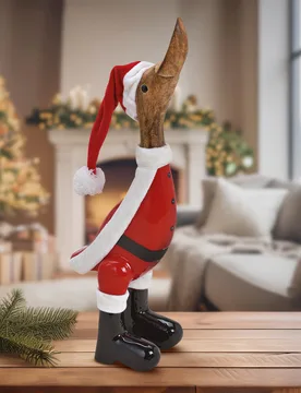 Dekofigur Laufente mit Weihnachtsmütze aus Mangoholz 34 cm hoch - Wurm - FashionsVida