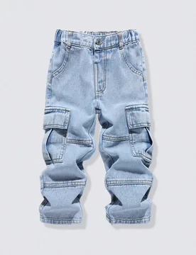 Pantalones cargo de mezclilla azul claro para niños pequeños, para el regreso a la escuela, invierno y día de la carrera, con cintura elástica, co - Shein - FashionsVida