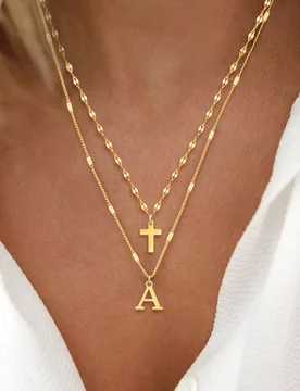 Piezas Conjunto de collar con colgante de cruz de letra retro minimalista, collar de cadena con labios dorados, collar multicapa de acero inoxidable p - Shein - FashionsVida