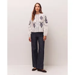Camisa de mujer bordada bicolor de manga larga con goma