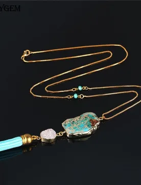 ShinyGem Irregular Light Blue Natural Sea Sediment Stone Crystal Druzy Gold Plating Tassel For Women Sweater Necklaces - Aliexpress - FashionsVida