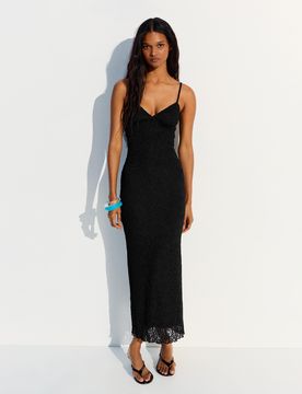 Robe Midi Bretelles Dentelle Xs Noir