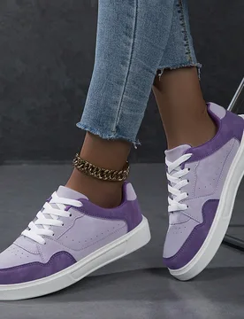 Nuevos zapatos planos de mujer con punta redonda y cordones, color púrpura, parte superior de patchwork de PU, cómodos y versátiles, estilo univers - Shein - FashionsVida