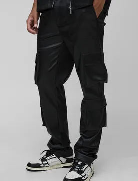 Men's Tall Pleated PU Stacked Cargo Flared Trousers Black Size 32 Black 32 - boohooMAN - FashionsVida