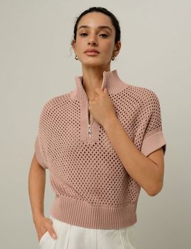 Donna Maglia Seta-Cotone Elegante Mezza Zip S