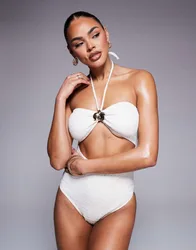 Womens Gold Flower Detail Crinkle Swimsuit In Cream - Size 6 Uk