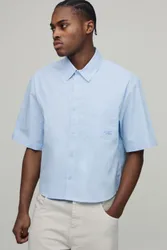 Mens Oversized Boxy Half Sleeve Curve Hem Shirt - Blue Cotton - Size Small