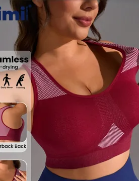 Pieza Sujetador deportivo sin costuras para mujer talla grande 1XL-4XL, color burdeos con espalda de tirantes, con almohadillas desmontables y textura - Shein - FashionsVida
