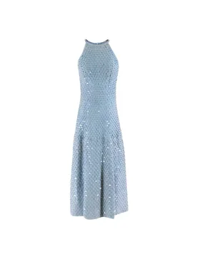 Blue Suede Sequin Embellished Sleeveless Dress - Patricia Viera - FashionsVida