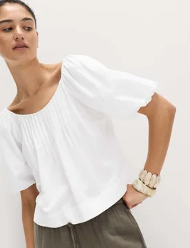 Linen Rich Pleated Puff Sleeve Top White female - M&S - FashionsVida