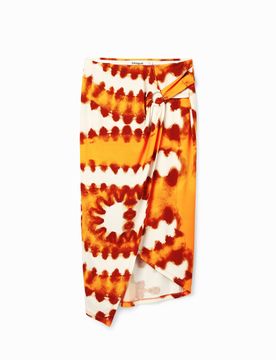 Falda midi cruzada tie-dye, Mujer, Viscosa, Naranja, XS