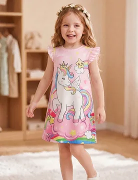 Vestido de manga corta con estampado de unicornio de dibujos animados para niña joven - Shein - FashionsVida