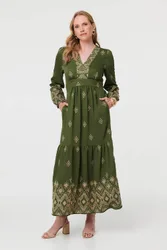 Border Print Long Sleeve Maxi Dress - Green - Size: 8