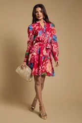 Women's Petite Printed Chiffon Button Up Belted Waist Mini Dress in Red Size: 14 - Red - Size: 14