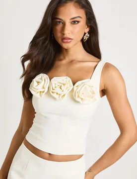 Womens Rosette Trim Corset Top - Cream - Size 14 Uk - Boohoo - FashionsVida