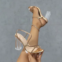 Sandalias de tiras con decoración de strass metálicos para mujer, sandalias glamorosas con tacón grueso transparente para primavera/verano