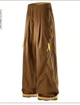 Pantalones cargo de pierna ancha con cordón y bloques de color para mujer AHTELB, diseño de múltiples bolsillos con cintura elástica y cordón par - Shein - FashionsVida