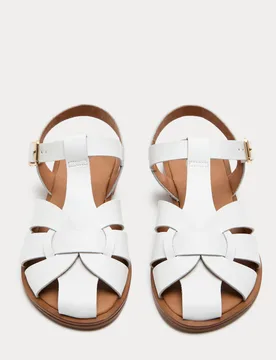 Leather Ankle Strap Flat Sandals White female - M&S - FashionsVida