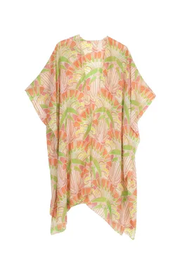 Kimono media lunghezza giallo verde e rosa a fantasia fiori di ispirazione art déco con spacchi laterali - One Hundred Stars - FashionsVida