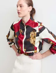 Floral High Neck Button Detail Blouse Red Mix female