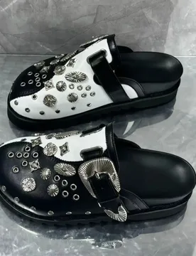Black Leather Mules Women Slippers Full Rivets Metal Belt Buckle Single Shoes Female Flat Thick Sole Sandals Designer Style 2025 - Aliexpress - FashionsVida