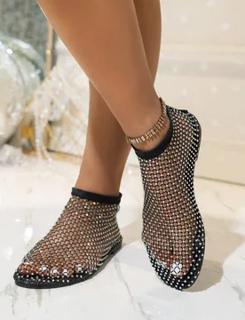 Sandalias planas con incrustación de rhinestone y malla brillante para mujer, diapositivas de playa y vacaciones de verano, negras, para el Día de S - Shein - FashionsVida