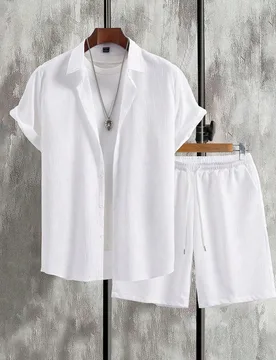 Camisa casual de unicolor y pantalones cortos para hombre, 2 piezas/set, atuendos cómodos, formal - Shein - FashionsVida