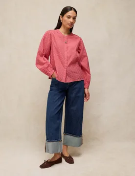 Cotton Rich Jacquard Blouson Sleeve Blouse Pink Mix female - White stuff - FashionsVida