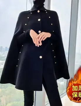 Black Mid-Length Wool Blend Cloak Coat for Women Elegant Autumn Winter Thicken Shawl Cape Jacket Loose Ladies Outwear - Aliexpress - FashionsVida