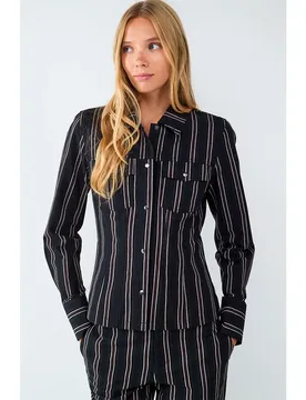 Camicia A Maniche Lunghe Stripes Pocket Black / Black S