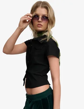 Superdry Damen Bench Kurzarm-stretchhemd mit Schmaler Passform Black - Größe: L - 54.99 - FashionsVida