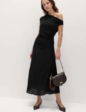 Lyocell Rich Draped Textured Midi Column Dress Black female - M&S - FashionsVida