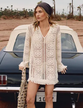 Knitted Crochet Look V-Neck Tasselled Mini Dress Ecru female - Per Una - FashionsVida