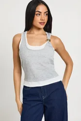 Womens Ribbed Layer Vest With Trim - Grey Cotton - Size 14 Uk
