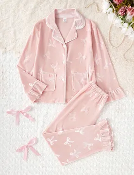 Set de 2 piezas de cárdigan de manga larga con lazo de terciopelo y estampado floral, y pantalones, ropa de estar cómoda y casual para niñas - Shein - FashionsVida