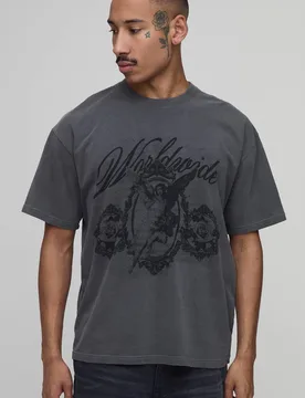 Men's Oversized Renaissance Print Washed Print T-Shirt Charcoal Size Medium Charcoal M - boohooMAN - FashionsVida