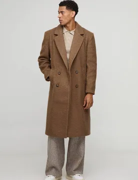 Men's Regular Double Breasted Textured Boucle Dropped Shoulder Lapel Overcoat Camel Size X-Small Camel XS - boohooMAN - FashionsVida