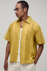 Mens Oversized Embroidered Stripe Short Sleeve Shirt - Yellow Cotton - Size Small