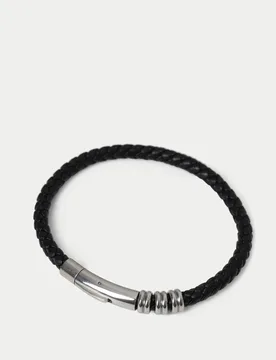 Genuine Leather Plait Bracelet Black male - M&S - FashionsVida